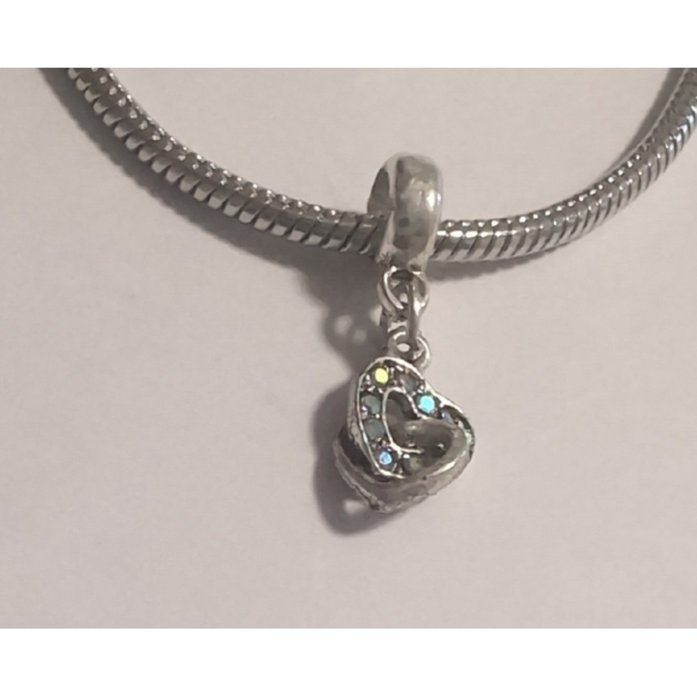 Silver Plated Iridescent Crystal Heart Dangle Charm for Bracelet Necklace